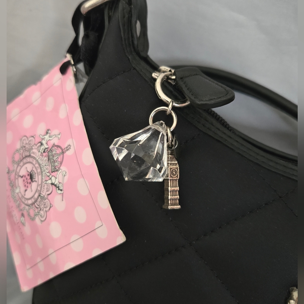 My Flat In London Quilted Black Handbag Pink Queen Bee Rhinestone Crown Purse - Picture 5 of 8